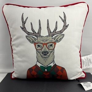 Stylish 16 x 16 Hipster Reindeer Holiday Pillow with Red Accents